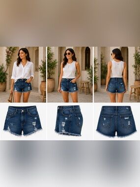 SHEIN Dark Blue Distressed Frayed Hem Jean Shorts